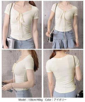 フロントリボンTシャツ ギャザートップス 送料無料 即日発送-8