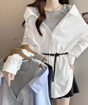 オフショルダーシャツタンクトップ重ね着風 送料無料 即日発送-3