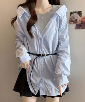 オフショルダーシャツタンクトップ重ね着風 送料無料 即日発送-5