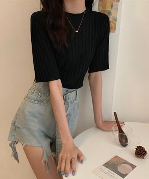 サマーニットトップス半袖 カットソー夏服 送料無料 即日発送-3