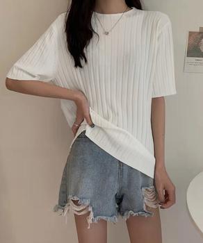 サマーニットトップス半袖 カットソー夏服 送料無料 即日発送-4