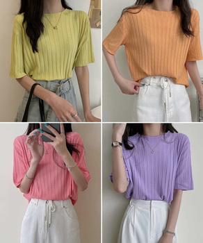 サマーニットトップス半袖 カットソー夏服 送料無料 即日発送-7