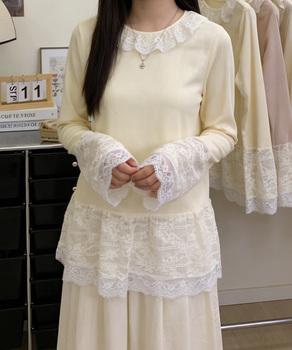 レース切り替えTシャツフェミニントップス　クリーム 送料無料 即日発送-2