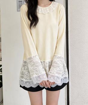 レース切り替えTシャツフェミニントップス　クリーム 送料無料 即日発送-3