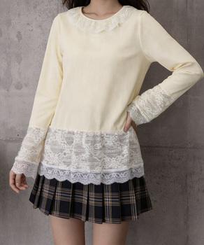 レース切り替えTシャツフェミニントップス　クリーム 送料無料 即日発送-4