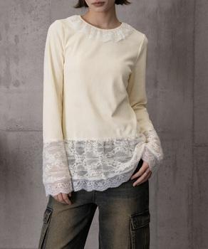 レース切り替えTシャツフェミニントップス　クリーム 送料無料 即日発送-6