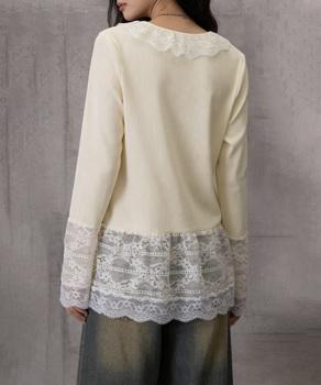 レース切り替えTシャツフェミニントップス　クリーム 送料無料 即日発送-7