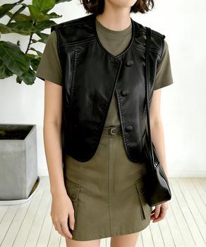 フェイクレザーベストレディースジレ 送料無料 即日発送-2