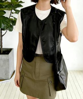 フェイクレザーベストレディースジレ 送料無料 即日発送-3
