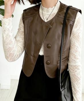 フェイクレザーベストレディースジレ 送料無料 即日発送-5