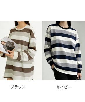ボーダー柄Tシャツカットソープルオーバー 送料無料 即日発送-1