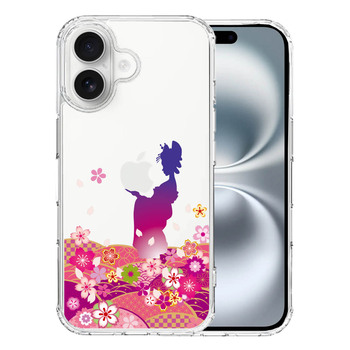 iPhone16 ケース クリア 日本女性 着物少女 青紫 スマホケース 側面ソフト 背面ハード ハイブリッド  送料無料-0