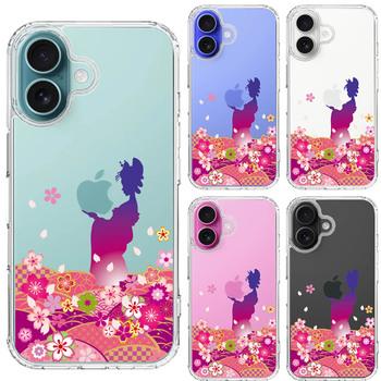 iPhone16 ケース クリア 日本女性 着物少女 青紫 スマホケース 側面ソフト 背面ハード ハイブリッド  送料無料-1