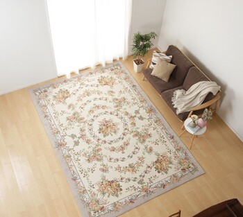 ラグ 撥水加工付き ゴブランシェニールラグ 約230×230cm 手洗いOK ブーケ ベージュ 送料無料-5