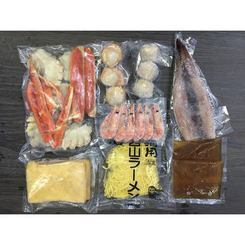 北海鍋 ゆでずわいがにカット×1袋 ボイル海老×6尾 ボイル帆×3個 かに入つみれ×3個 油揚げ×2枚 ツボ抜きいか等17点 送料無料-1