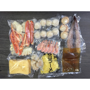 北海鍋 ゆでずわいがにカット×1袋 ボイル海老×6尾 ボイル帆立×3個 かに入つみれ×4個 えび入つみれ×4個 ボイルつぶ等22点 送料無料-1