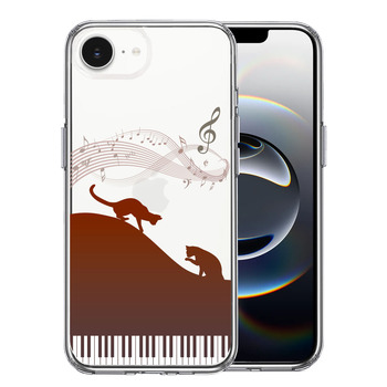 iPhone17e iPhone16e ケース クリア ピアノ シルエット猫 ブラウン スマホケース 側面ソフト 背面ハード ハイブリッド  送料無料-0