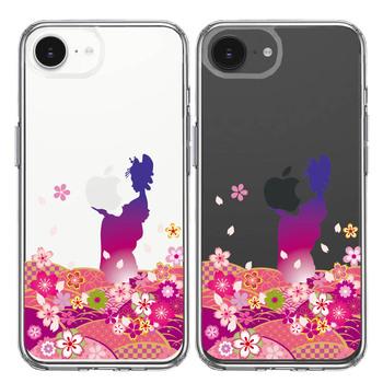 iPhone17e iPhone16e ケース クリア 日本女性 着物少女 青紫 スマホケース 側面ソフト 背面ハード ハイブリッド 送料無料-1