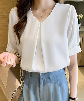 半袖シャツブラウスレディースVネック夏服 送料無料 即日発送-2