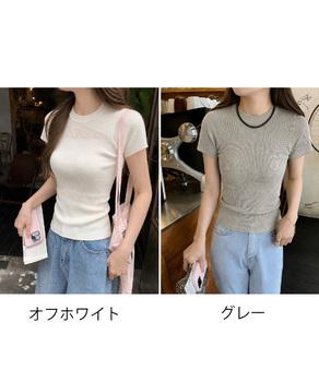 デザイン編みリブニットサマートップス半袖 送料無料 即日発送-1
