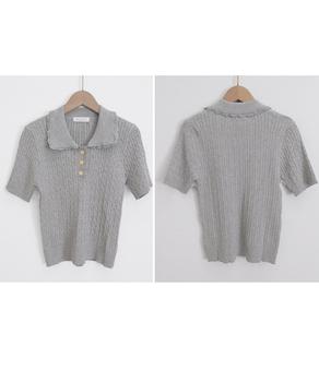 襟付き ポロニット ケーブル半袖トップス 送料無料 即日発送-8