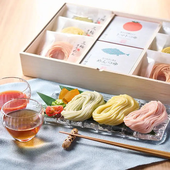 夏限定 池利 まあるい彩り 三輪素麺と2種のつゆ まあるい三輪素麺(トマト・カボチャ・オクラ 各50g×2等 のし対応可 送料無料-1