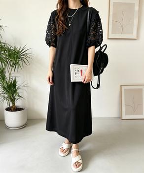 袖花柄チュールドッキングロングワンピース 送料無料 即日発送-2