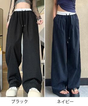 チェック柄ワイドパンツハイウエスト春夏服 送料無料 即日発送-1