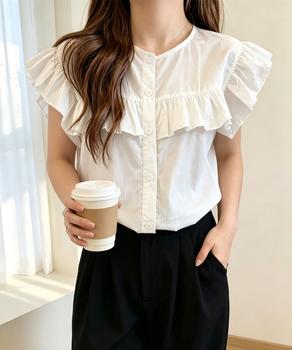レディースフリルブラウス 半袖シャツ夏服 送料無料 即日発送-3
