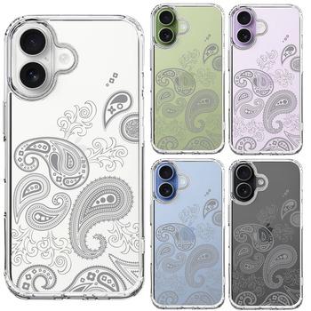 iPhone17 ケース クリア ペイズリー 柄 グレイ スマホケース 側面ソフト 背面ハード ハイブリッド 送料無料-1