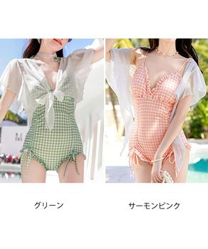カーディガン付きワンピース水着2点セット　水着セット レディース ワンピース水着 ギンガムチェック 送料無料 即日発送-1