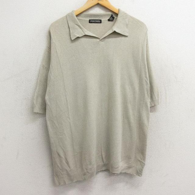 古着 半袖 セーター メンズ 00年代 00s 開襟 オープンカラー 薄ベージュ