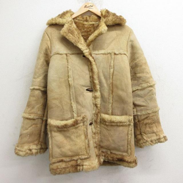 古着 長袖 ムートン レザー ボア ジャケット レディース ロング丈 ベージュ 