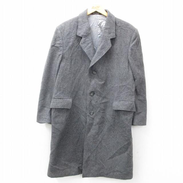 古着 長袖 ウール コート メンズ ロング丈 グレー Sサイズ 中古 アウター