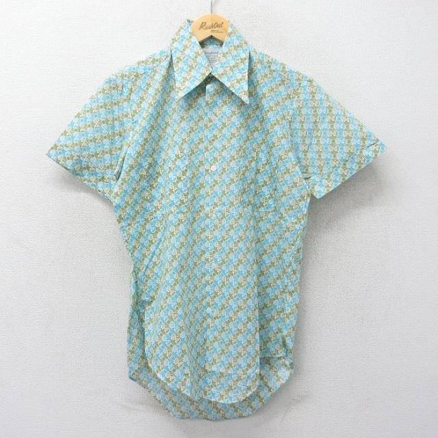 古着 半袖 シャツ メンズ 70年代 70s 総柄 薄紺他 ネイビー Mサイズ 