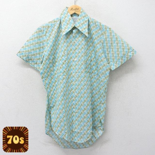 古着 半袖 シャツ メンズ 70年代 70s 総柄 薄紺他 ネイビー Mサイズ