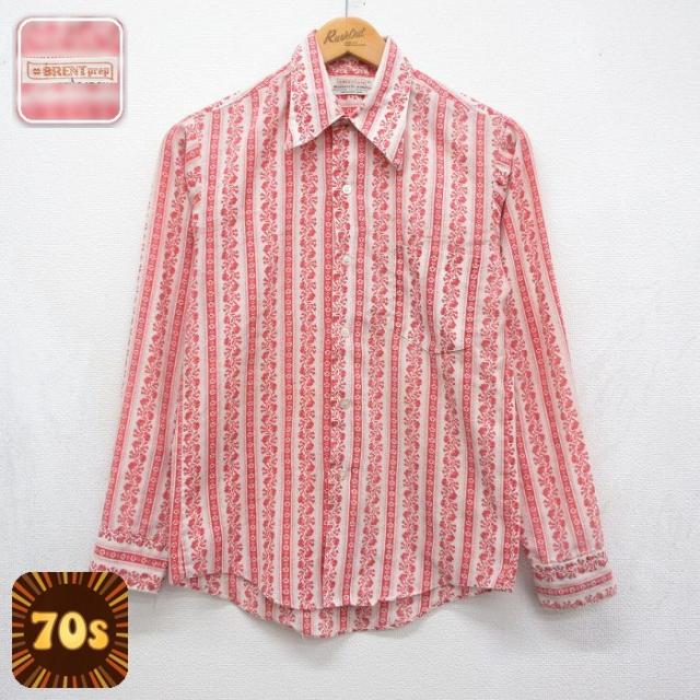 古着 BRENT 長袖 シャツ メンズ 70年代 70s 花 レッド ストライプ