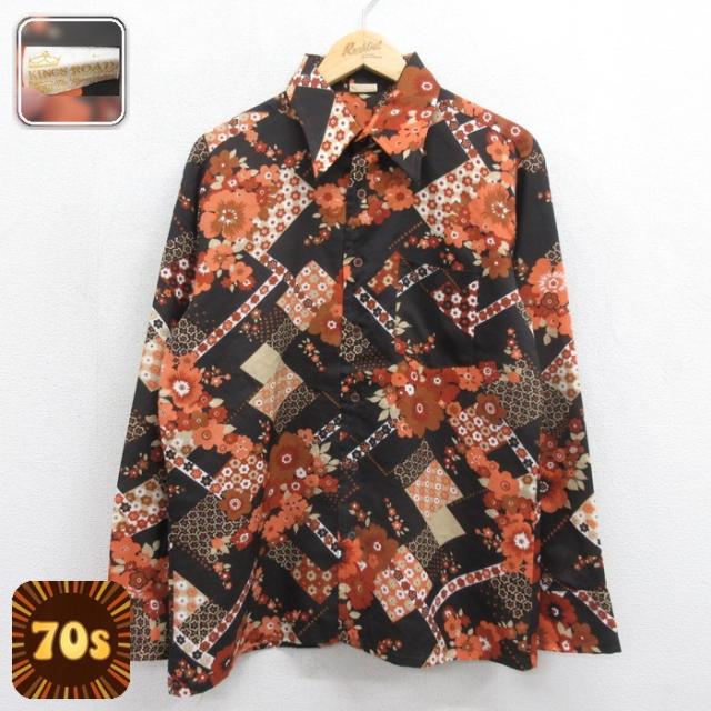 古着 KINGS ROAD 長袖 シャツ メンズ 70年代 70s 花柄 パッチ
