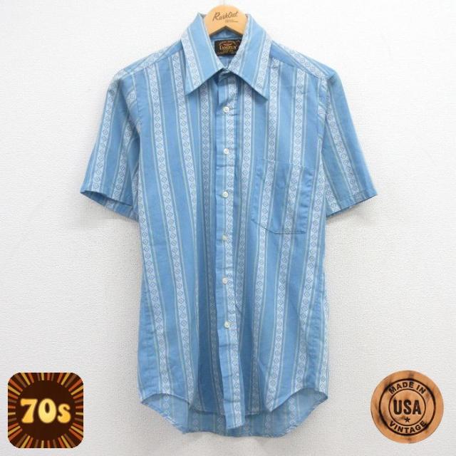 古着 キャンパス 半袖 シャツ 70年代 70s メンズ USA製 薄紺他 ネイ