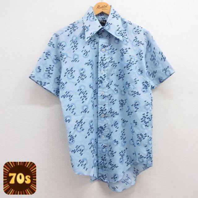 古着 半袖 シャツ メンズ 70年代 70s 総柄 薄紺他 ネイビー Mサイズ