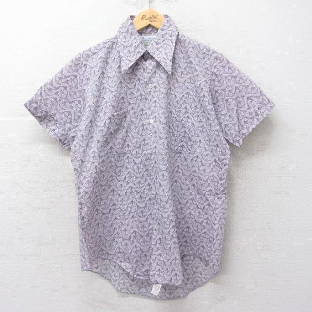 古着 半袖 シャツ メンズ 70年代 70s 総柄 紫 パープル Mサイズ 中古
