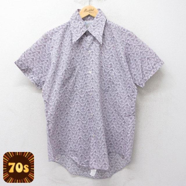 古着 半袖 シャツ メンズ 70年代 70s 総柄 紫 パープル Mサイズ 中古