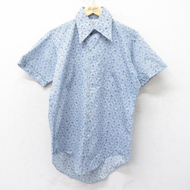 古着 半袖 シャツ メンズ 70年代 70s 総柄 紺 ネイビー Mサイズ 中古