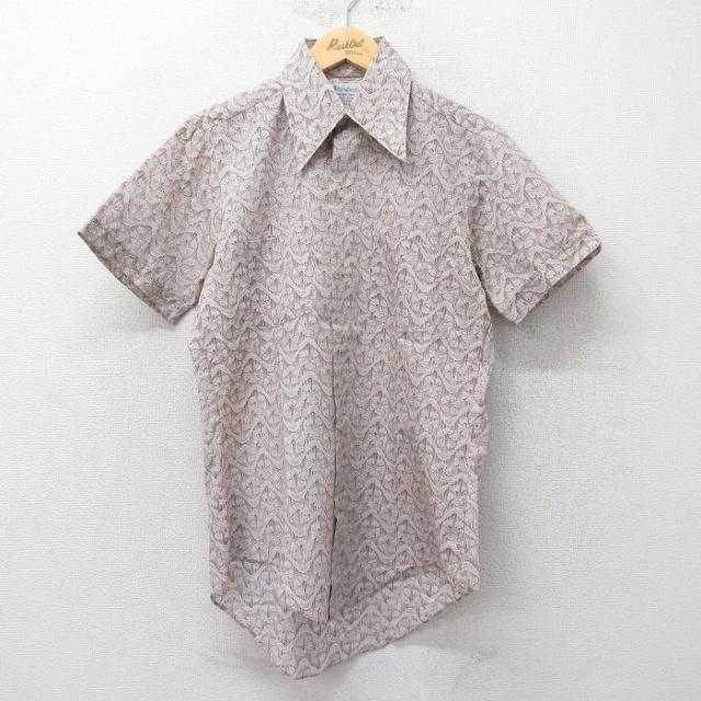 古着 半袖 シャツ メンズ 70年代 70s 総柄 茶 ブラウン Mサイズ 中古