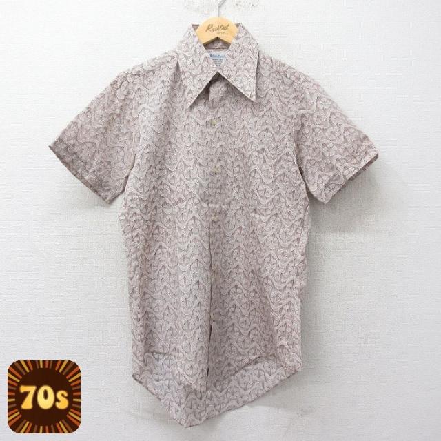 古着 半袖 シャツ メンズ 70年代 70s 総柄 茶 ブラウン Mサイズ 中古