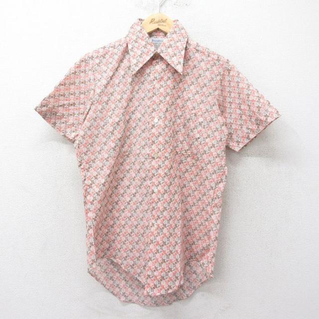 古着 半袖 シャツ メンズ 70年代 70s 総柄 濃ベージュ他 カーキ Mサイ