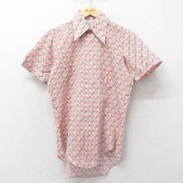 古着 半袖 シャツ メンズ 70年代 70s 総柄 茶他 ブラウン Mサイズ 中