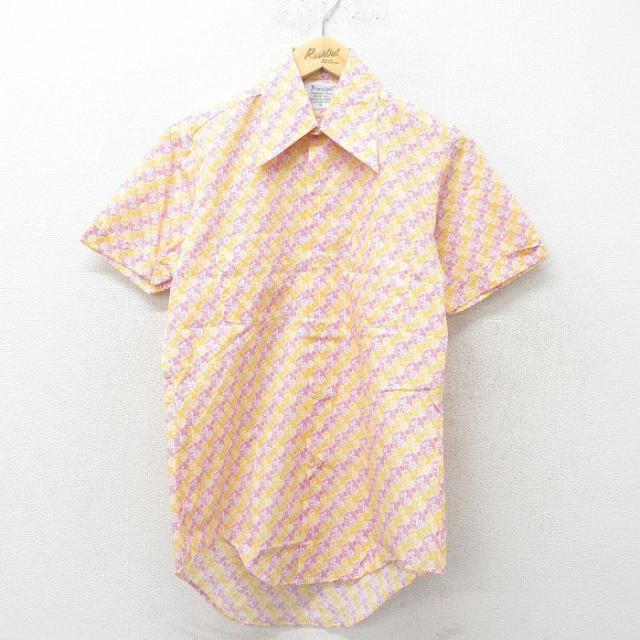 古着 半袖 シャツ メンズ 70年代 70s 総柄 黄色他 イエロー Sサイズ