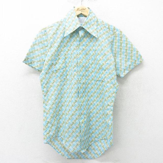 古着 半袖 シャツ メンズ 70年代 70s 総柄 水色 Sサイズ 中古 トップ