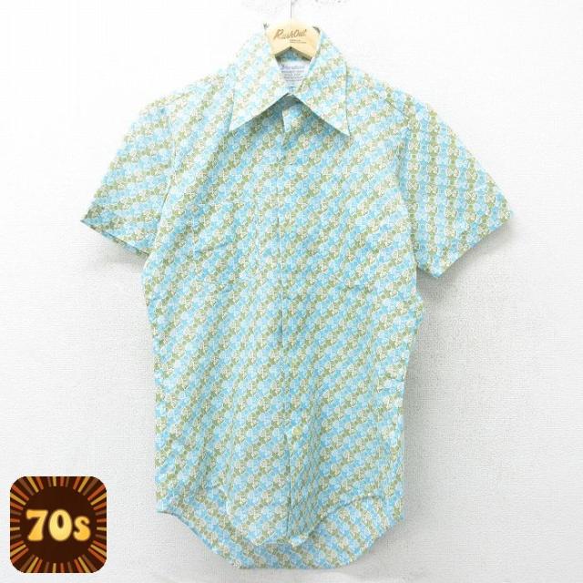 古着 半袖 シャツ メンズ 70年代 70s 総柄 水色 Sサイズ 中古 トップ
